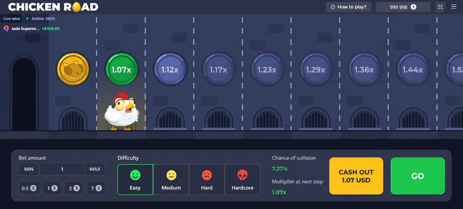 Chicken Road UI showing all four difficulty modes (Easy, Medium, Hard, Hardcore) plus live collision-chance readout (7.27%) and next-step multiplier (1.07×)