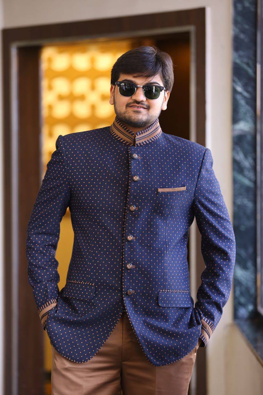 Manav Ethnic Happy Customer wearing a Blue polka dot Jodhpuri Suit