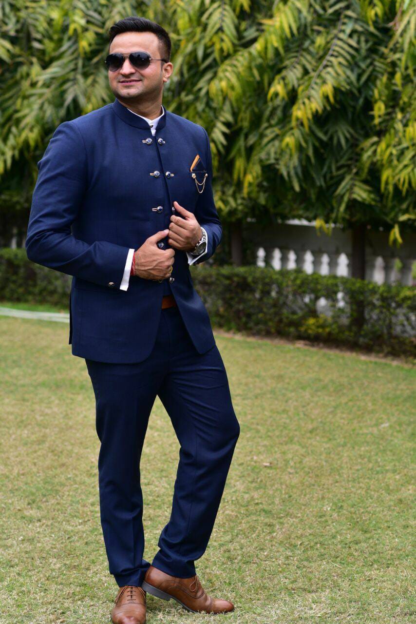 Manav Ethnic Happy Customer wearing a Navy Blue Jodhpuri Suit