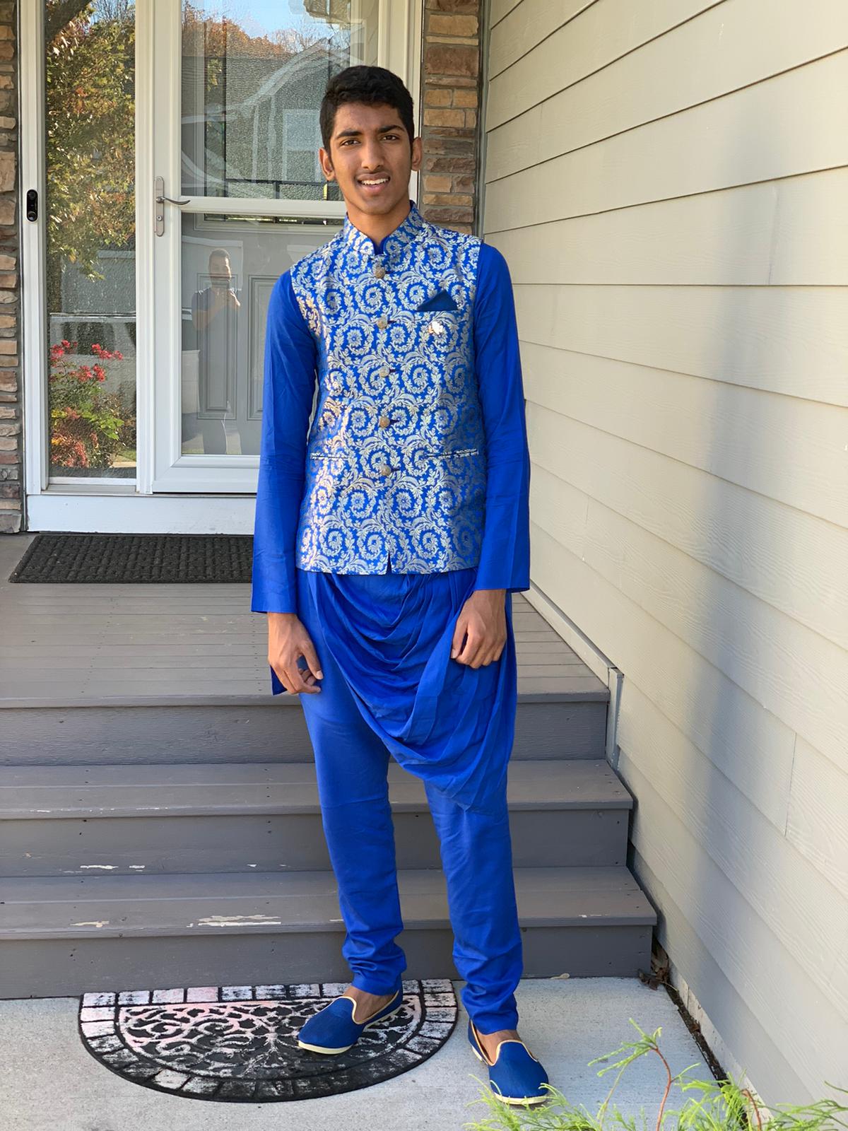 Manav Ethnic Happy Customer wearing a Blue Jacket Kurta Set