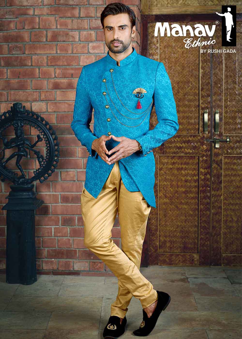 Buy Navy Blue Self-Checked Designer Jodhpuri Suit | Manav Ethnic