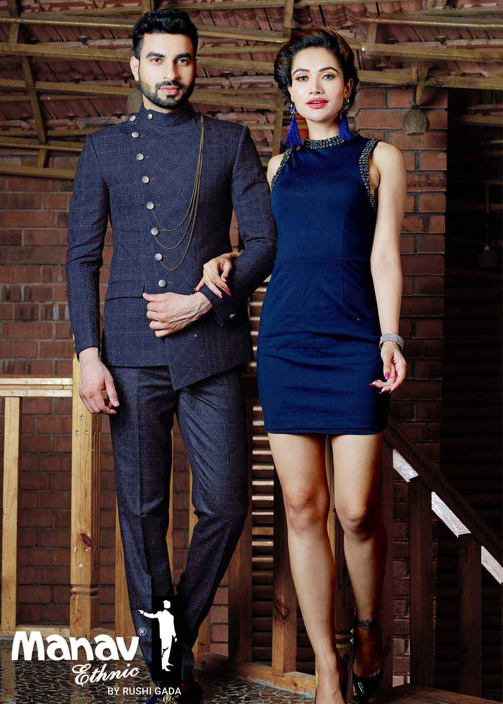 Buy Navy Blue Self-Checked Designer Jodhpuri Suit | Manav Ethnic