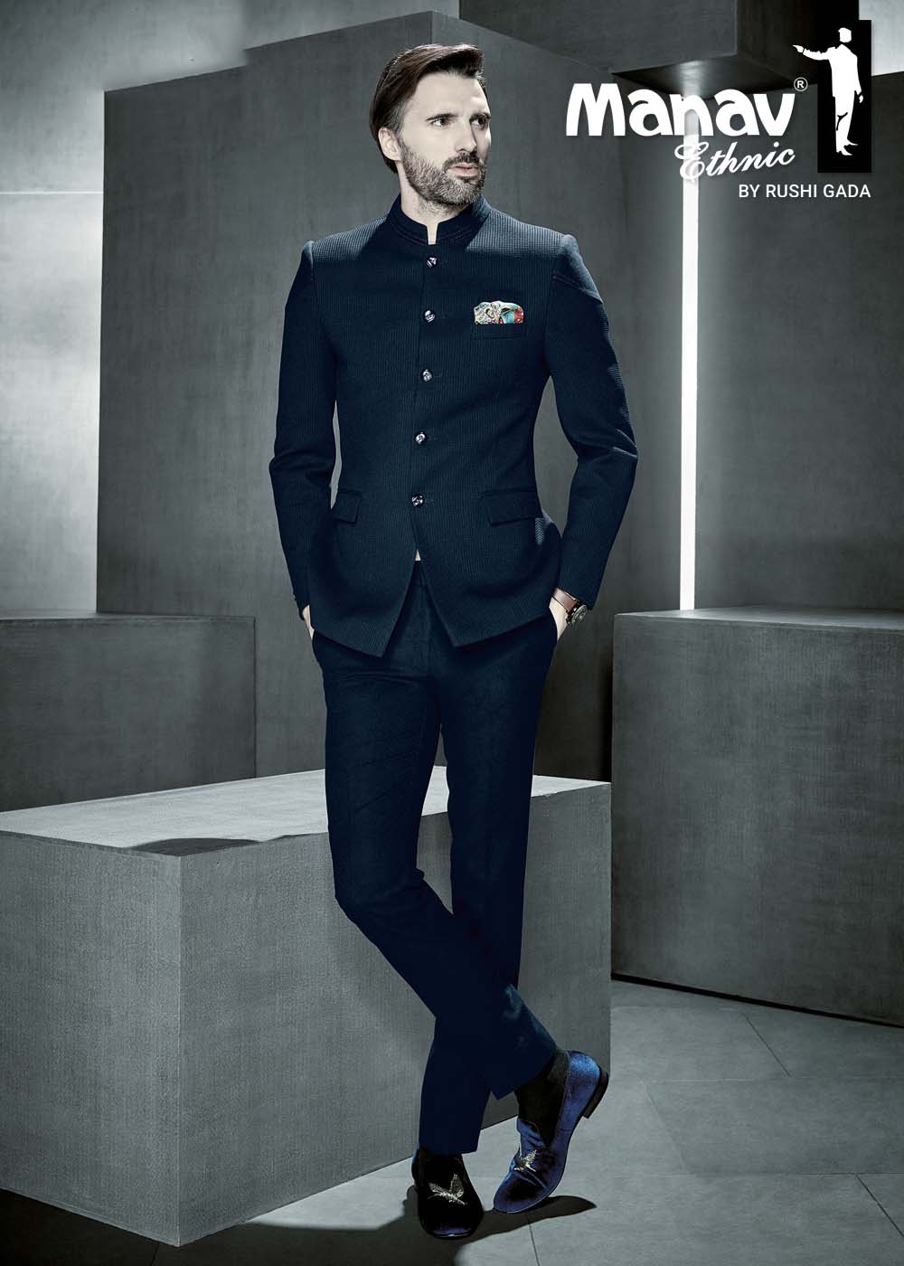 Solid Color Polyester Jodhpuri Suit in Navy Blue : MXD37